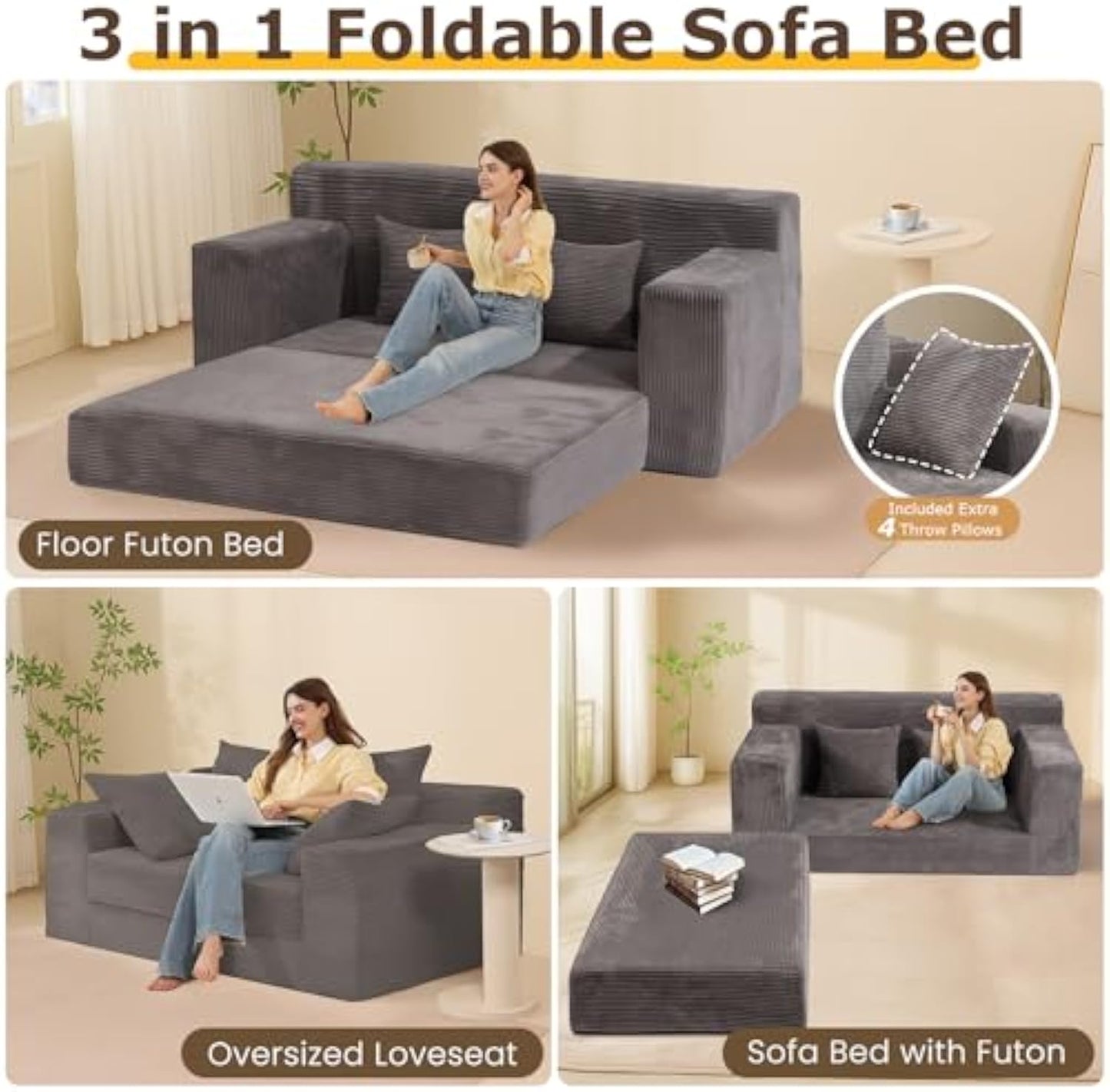 3-in-1 Convertible Loveseat Sofa